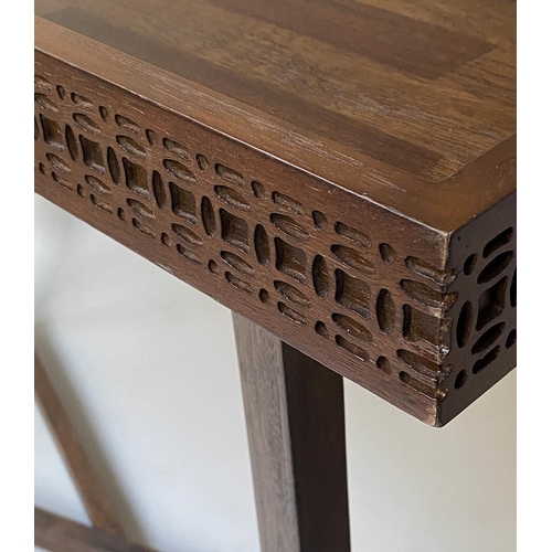 90 - CONSOLE TABLE, rectangular teak galleried with blind fret frieze and x stretcher, 110cm x 40cm x 81c... 