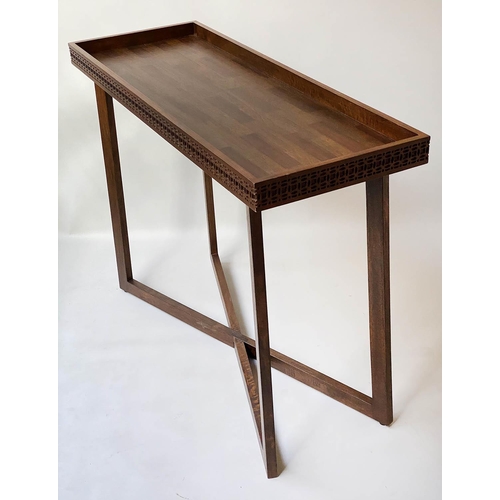 90 - CONSOLE TABLE, rectangular teak galleried with blind fret frieze and x stretcher, 110cm x 40cm x 81c... 