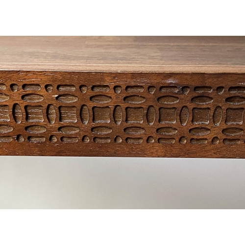 90 - CONSOLE TABLE, rectangular teak galleried with blind fret frieze and x stretcher, 110cm x 40cm x 81c... 