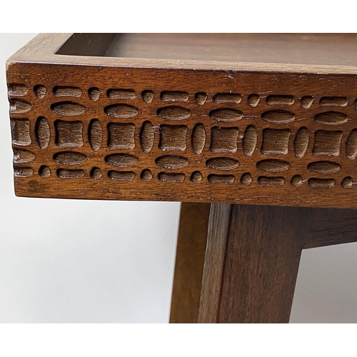 90 - CONSOLE TABLE, rectangular teak galleried with blind fret frieze and x stretcher, 110cm x 40cm x 81c... 