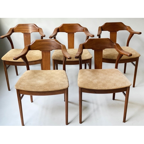 91 - DINING ARMCHAIRS, a set of five Danish style teak with arms and yellow seat pads, 54cm W. (5)