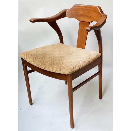 91 - DINING ARMCHAIRS, a set of five Danish style teak with arms and yellow seat pads, 54cm W. (5)