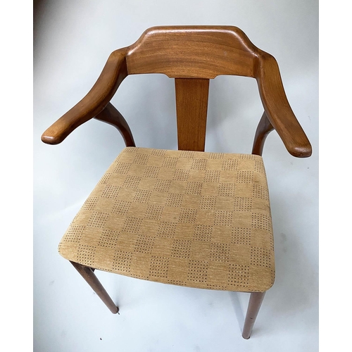 91 - DINING ARMCHAIRS, a set of five Danish style teak with arms and yellow seat pads, 54cm W. (5)