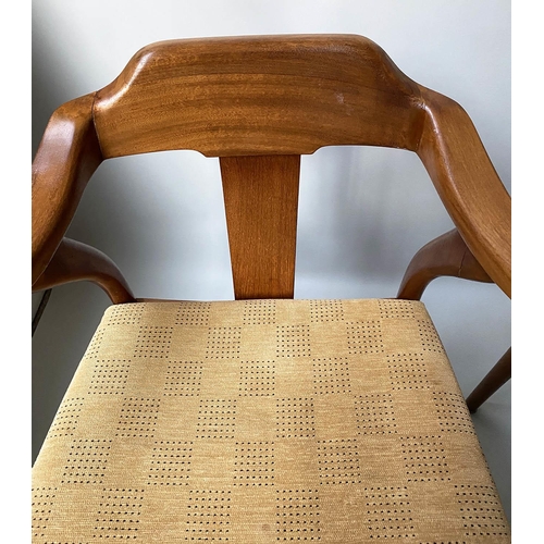 91 - DINING ARMCHAIRS, a set of five Danish style teak with arms and yellow seat pads, 54cm W. (5)