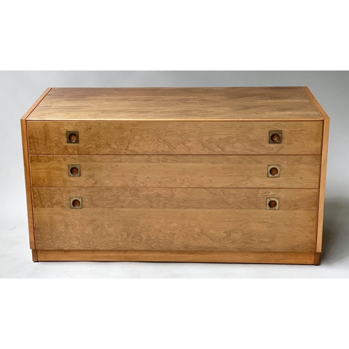 93 - HEALS CHEST, by Archie Shine, yew wood with three long drawers, 100cm W x 45cm D x 54cm H.