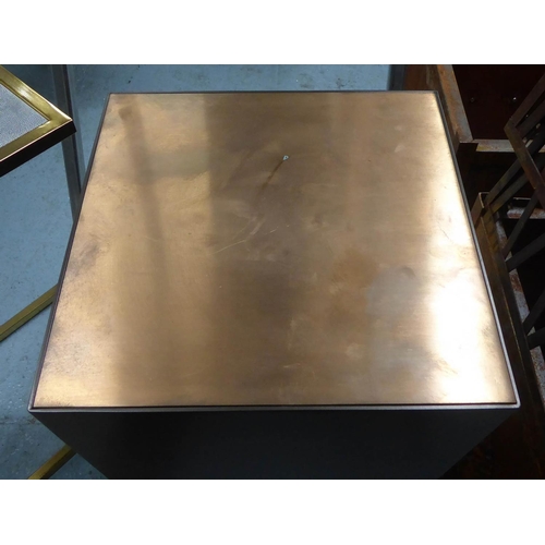 64 - SIDE PEDESTAL the copper coloured top on faceted bronzed base, 29cm x 29cm x 70cm H.