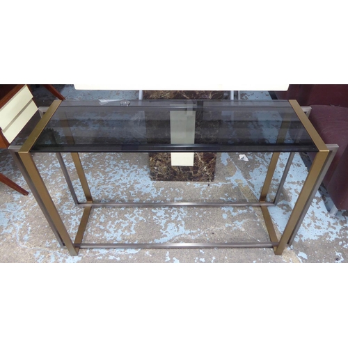 84 - CONSOLE TABLE, the smoked glass top on a metal two tone base, 41cm D x 77cm H x 130cm W.