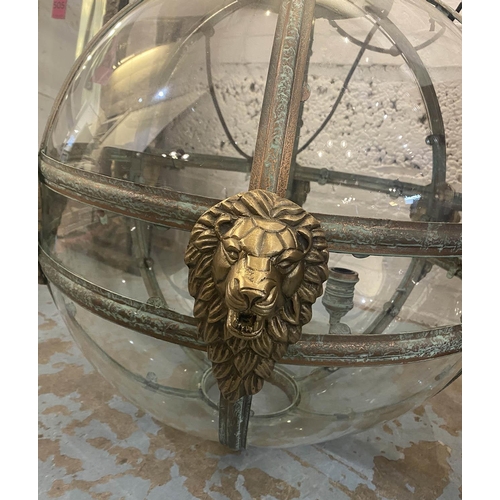 625 - GLOBE HALL LANTERN, 19th century Italian style, verdigris finish with lion head detail, 85cm Drop.