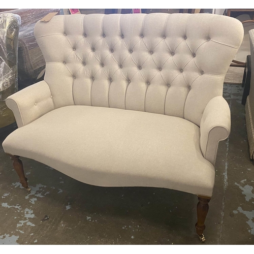 631 - SOFA, Victorian style design, button back, neutral upholstered, 124cm W approx.