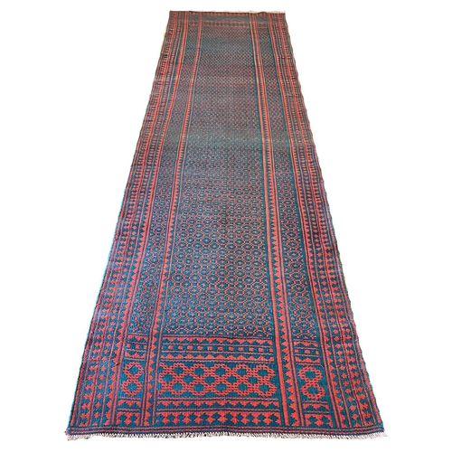 312 - FINE PERSIAN TRIBAL FLATWEAVE RUNNER, 375cm x 112cm. (reversible)