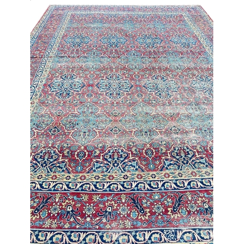 313 - ANTIQUE PERSIAN KIRMAN LAVER CARPET, 375cm x 270cm.