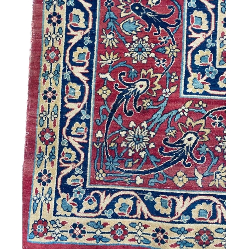 313 - ANTIQUE PERSIAN KIRMAN LAVER CARPET, 375cm x 270cm.