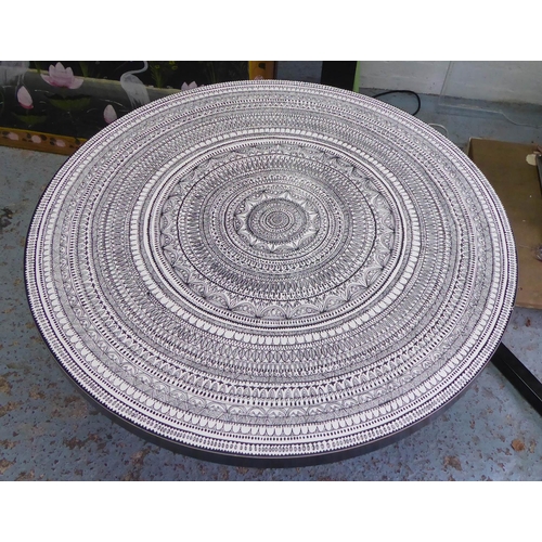 42 - LOW TABLE, with a circular black and white Spirograph top, 91.5cm diam x 50cm H.