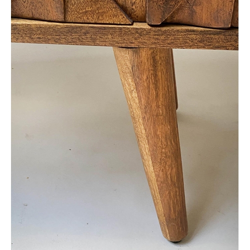 54 - SIDEBOARD, 1960's style acacia wood block fronted with two doors, 80cm x 40cm x 92cm.