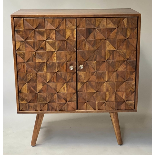 54 - SIDEBOARD, 1960's style acacia wood block fronted with two doors, 80cm x 40cm x 92cm.