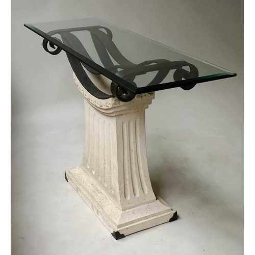 56 - CONSOLE TABLE, architectural form rectangular bevelled glass, arched metal and faux marble plinth, 1... 