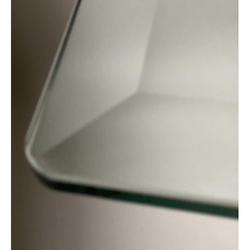 56 - CONSOLE TABLE, architectural form rectangular bevelled glass, arched metal and faux marble plinth, 1... 