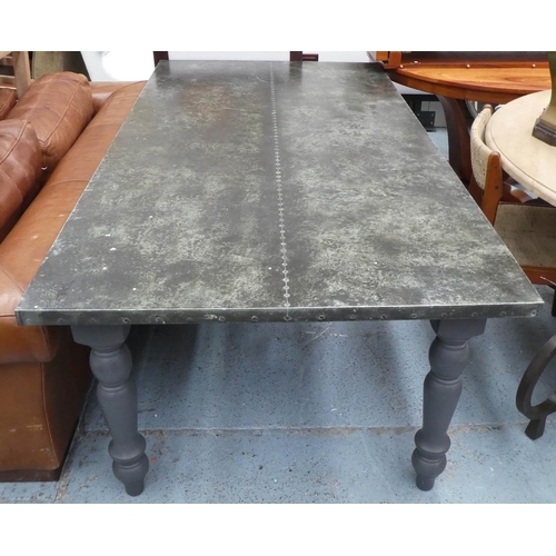 8 - FARMHOUSE DINING TABLE, zinc top, grey painted base, 200cm x 102cm x 74cm.