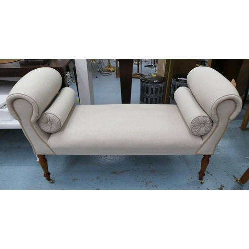 182 - WINDOW SEAT, late Victorian design, neutral linen upholstered with two bolster cushions, 139cm W.