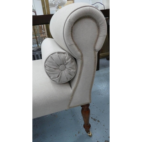 182 - WINDOW SEAT, late Victorian design, neutral linen upholstered with two bolster cushions, 139cm W.