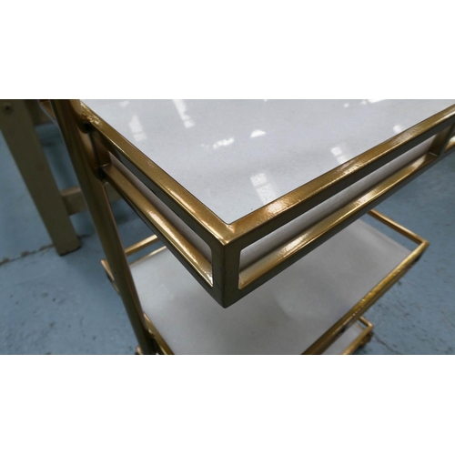 23 - ETAGERE, 1960's French style, gilt metal, three tier marble inserts, 85cm H.