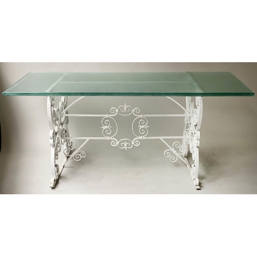 628 - GARDEN/ORANGERY CENTRE TABLE, vintage wrought iron white painted with allover scroll decorated with ... 