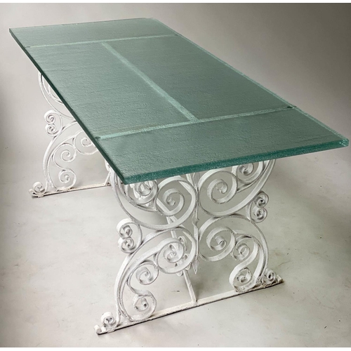 628 - GARDEN/ORANGERY CENTRE TABLE, vintage wrought iron white painted with allover scroll decorated with ... 