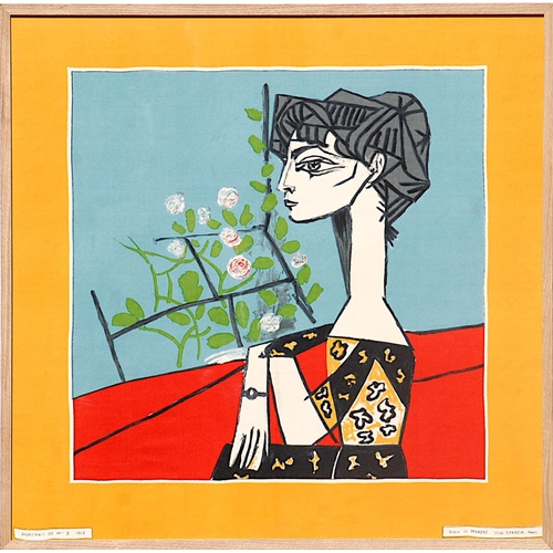 128 - PABLO PICASSO, Portrait de Mme Z 1943, on silk, Dessin de Picasso ref: Spadem, 75cm x 75cm, framed a... 