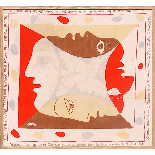 135 - PABLO PICASSO, very rare foulard du festival mondial 1951, beautiful and rare colourway, 70cm x 77cm... 