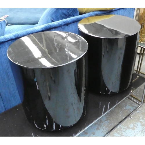 64 - SIDE TABLES, a pair, black lacquered finish, 55cm H x 45cm Diam. (2)