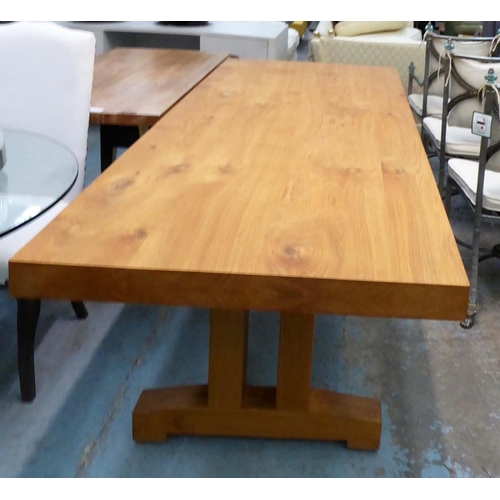 40 - DINING TABLE, 235cm L x 77.5cm H x 96.5cm D oak with a rectangular top on trestle-end suppports.