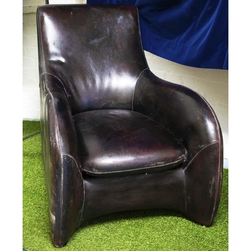 79 - COACH HOUSE ANTIQUE ARMCHAIR stitched dark leather, 85cm H x 74cm W x 100cm D.