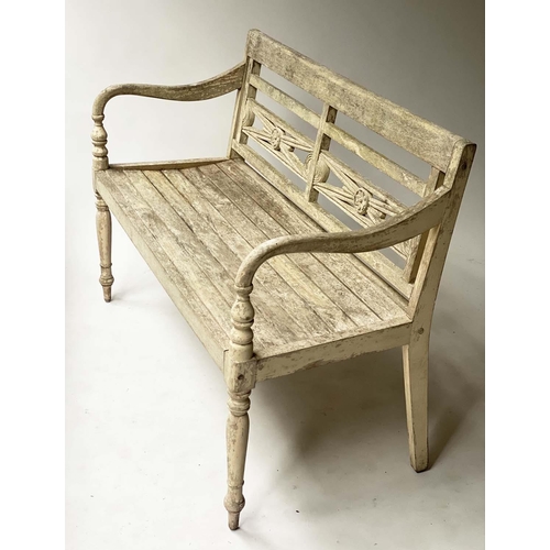 474 - VERANDAH BENCH, silvery weathered teak Anglo-Indian with carved pierced backs and slatted seats, 115... 