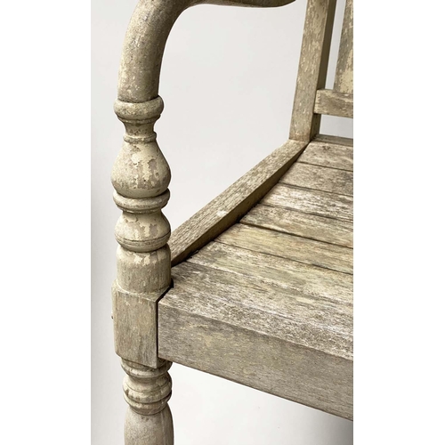 474 - VERANDAH BENCH, silvery weathered teak Anglo-Indian with carved pierced backs and slatted seats, 115... 