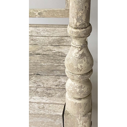 474 - VERANDAH BENCH, silvery weathered teak Anglo-Indian with carved pierced backs and slatted seats, 115... 