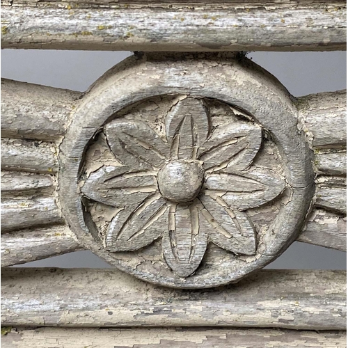474 - VERANDAH BENCH, silvery weathered teak Anglo-Indian with carved pierced backs and slatted seats, 115... 