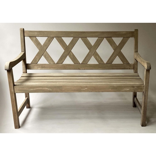 475 - LATTICE GARDEN BENCH, weathered teak and slatted with lattice back, 119cm W.