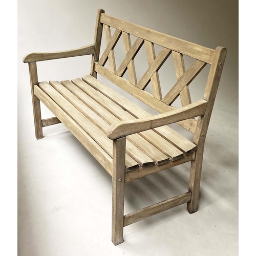 475 - LATTICE GARDEN BENCH, weathered teak and slatted with lattice back, 119cm W.
