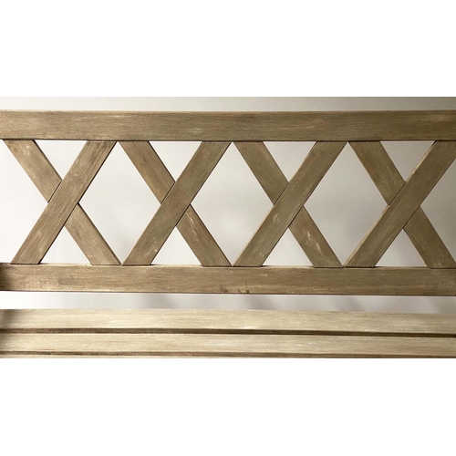 475 - LATTICE GARDEN BENCH, weathered teak and slatted with lattice back, 119cm W.
