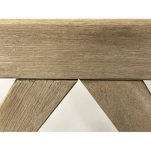 475 - LATTICE GARDEN BENCH, weathered teak and slatted with lattice back, 119cm W.