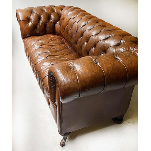 476 - CHESTERFIELD SOFA, Victorian button leather, brass studded, horsehair cotton wadding upholstery with... 