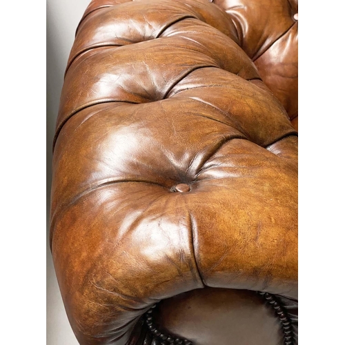 476 - CHESTERFIELD SOFA, Victorian button leather, brass studded, horsehair cotton wadding upholstery with... 