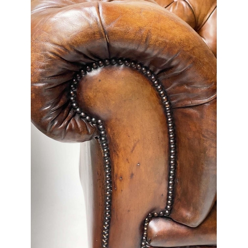 476 - CHESTERFIELD SOFA, Victorian button leather, brass studded, horsehair cotton wadding upholstery with... 