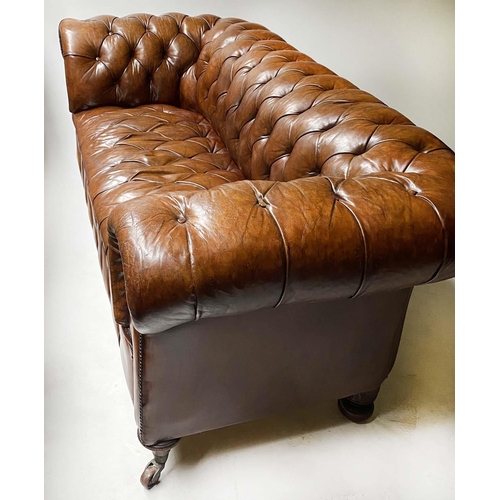 476 - CHESTERFIELD SOFA, Victorian button leather, brass studded, horsehair cotton wadding upholstery with... 