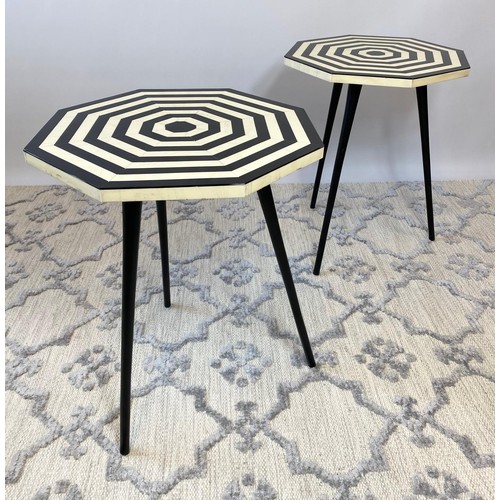 22 - LAMP TABLES, a pair, 1970's Italian design, octagonal inlaid tops on tripod metal legs, 53cm H x 42c... 