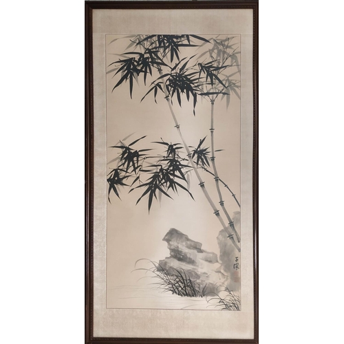 390 - WU ZISHEN (1893-1972) 'Riverside Bamboo', ink and colour on paper, 93cm x 43cm, framed.