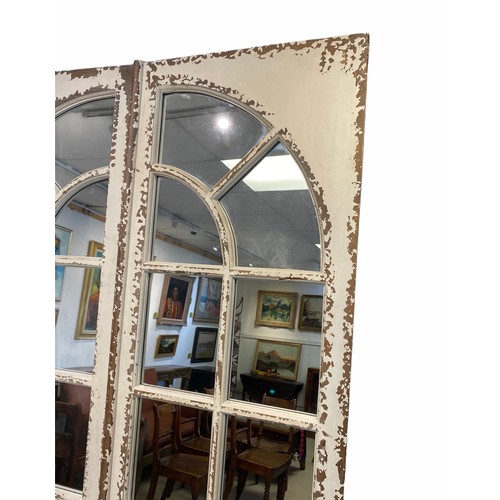 32 - ARCHITECTURAL WALL MIRROR, distressed white painted frame, comes in two parts, 203cm H x 97cm W tota... 