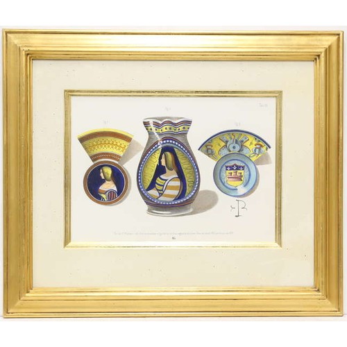 381 - ITALIAN CERAMICS HAND-COLOURED MEZZOTINTS, a set of eight, gilt framed and glazed, each 61cm x 71cm ... 