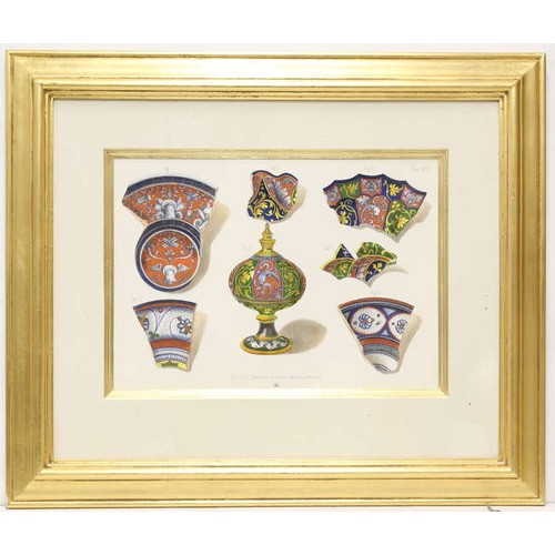 381 - ITALIAN CERAMICS HAND-COLOURED MEZZOTINTS, a set of eight, gilt framed and glazed, each 61cm x 71cm ... 