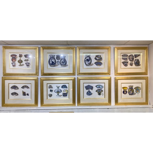 381 - ITALIAN CERAMICS HAND-COLOURED MEZZOTINTS, a set of eight, gilt framed and glazed, each 61cm x 71cm ... 